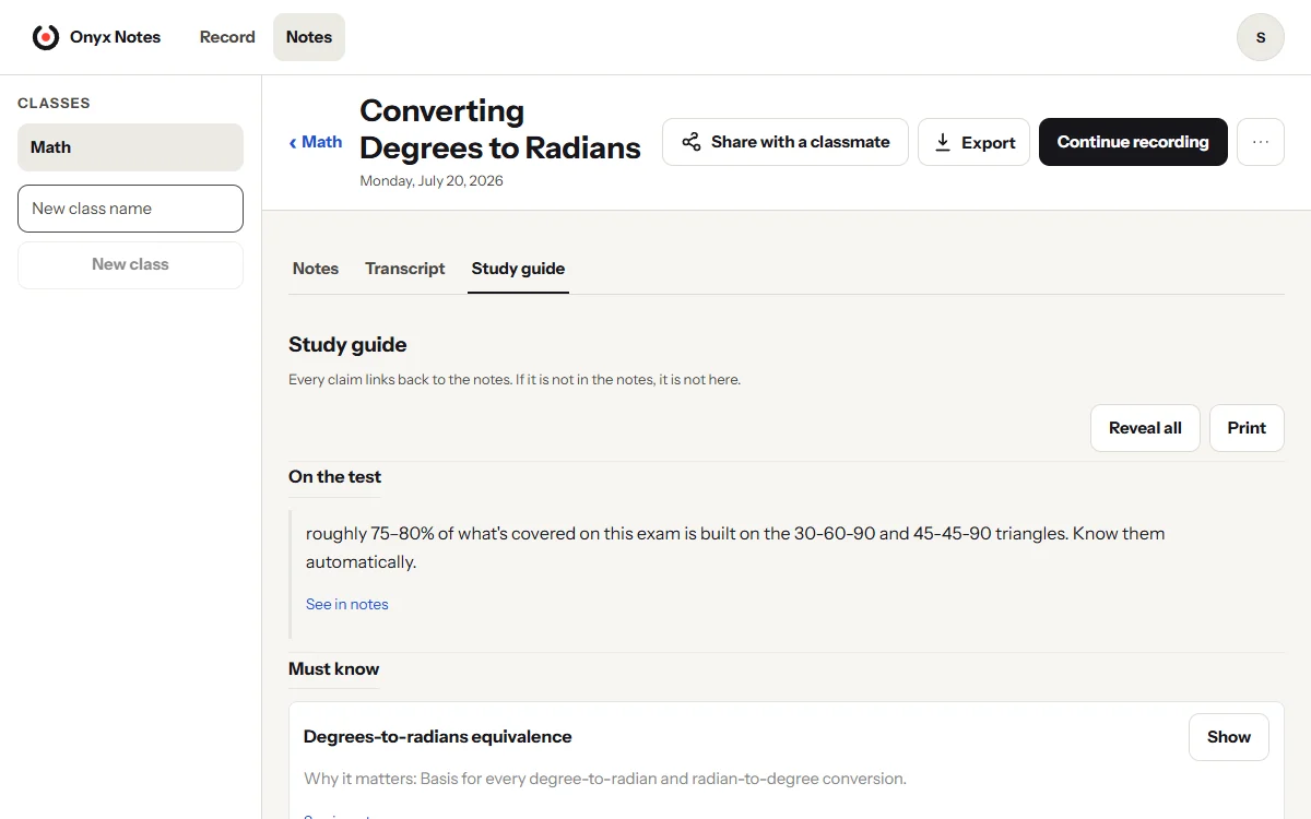 A study guide, with See in notes links beside each point.