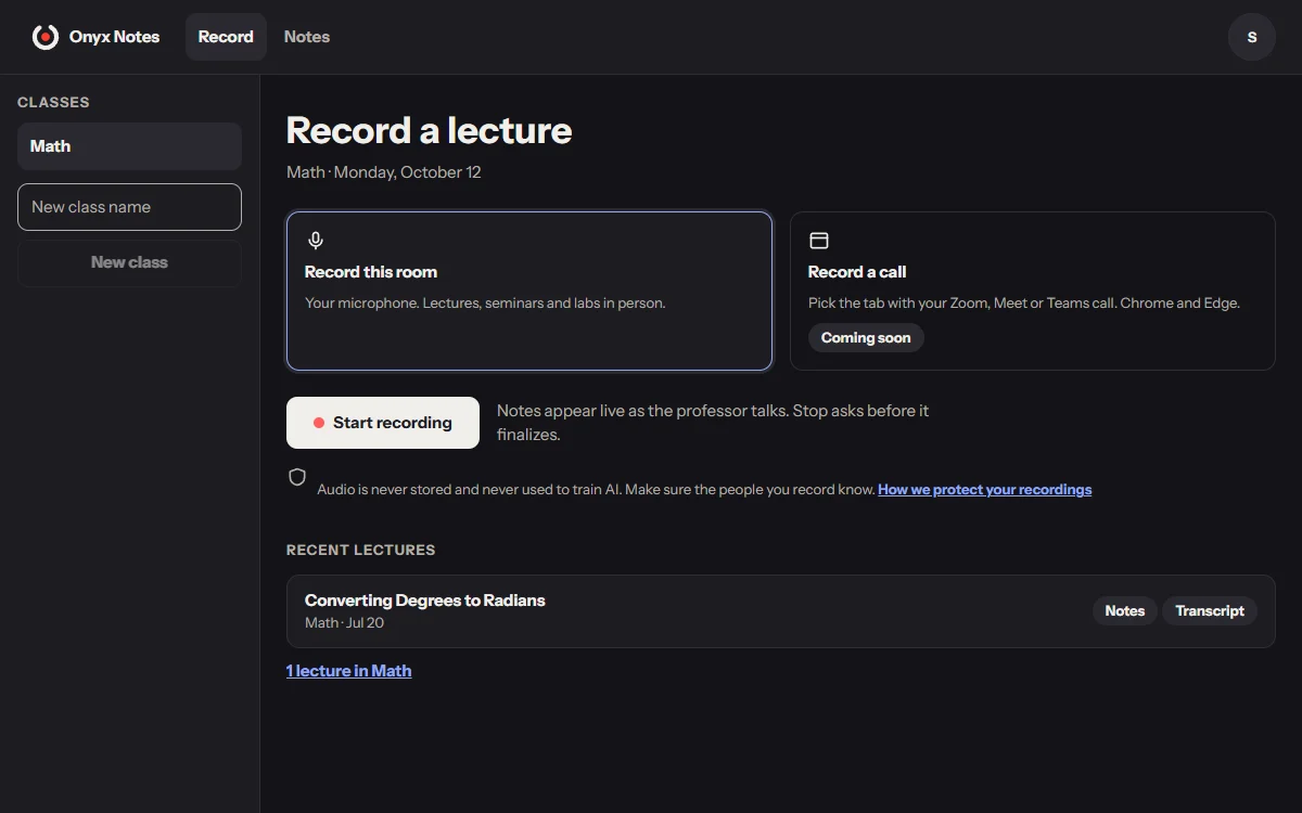 The record screen, with a class picked and the Start button.