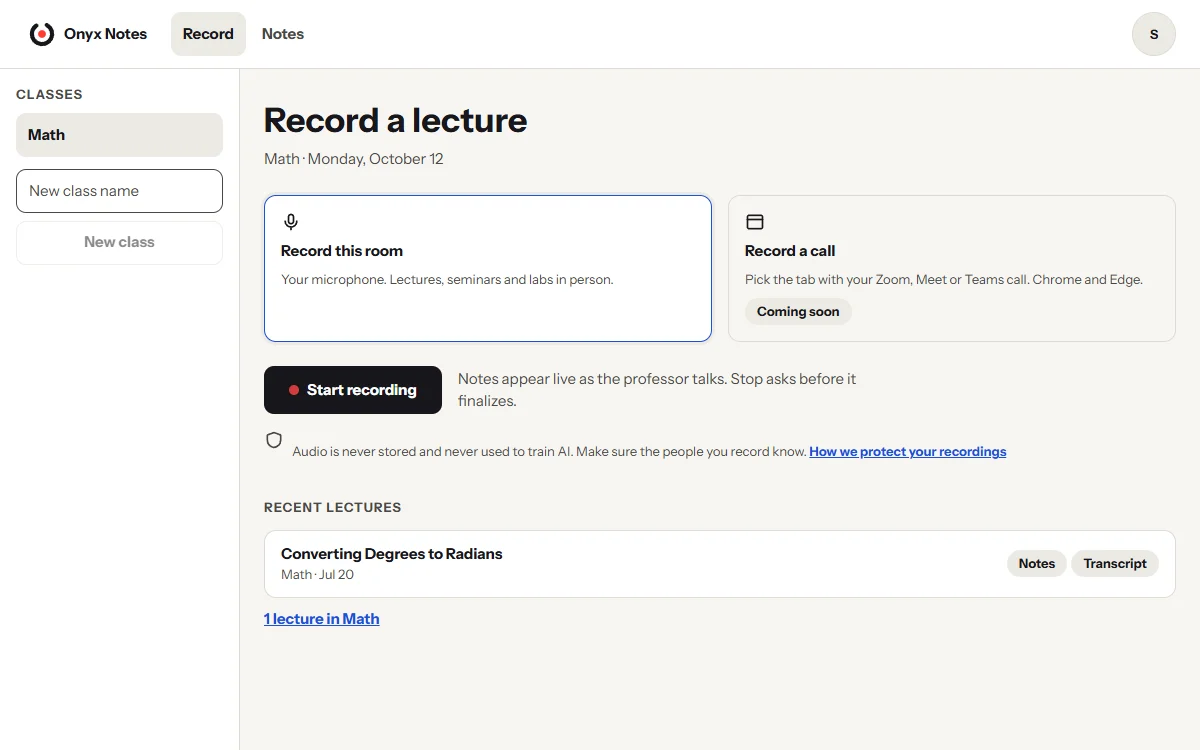 The record screen, with a class picked and the Start button.