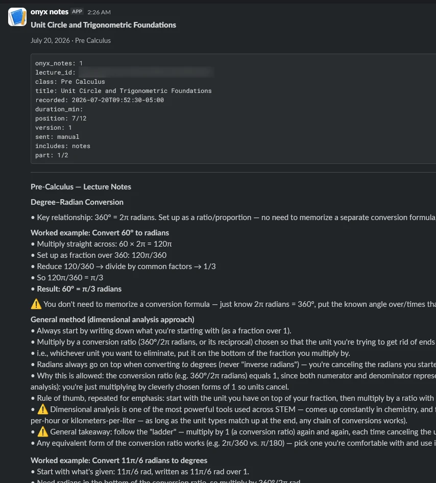 A finished lecture posted in a Slack channel, with its header block.
